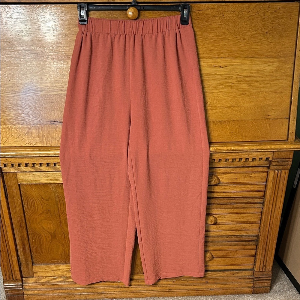 Loness Fairy Coastal Boho Terracotta Rust Wide Leg Textured Elastic Waist Pants